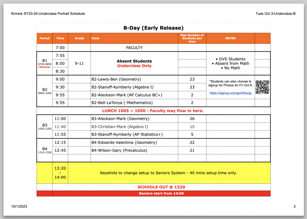 Kinnick Underclass-Tues Oct 3
